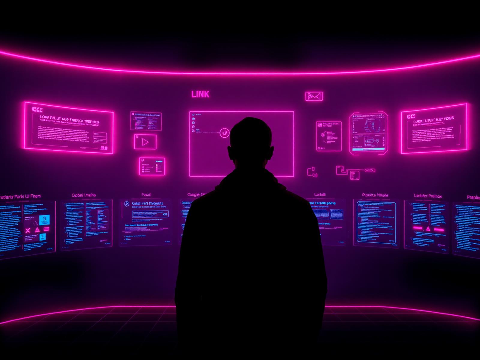 Silhouetted creator in front of a wall of glowing magenta link cards